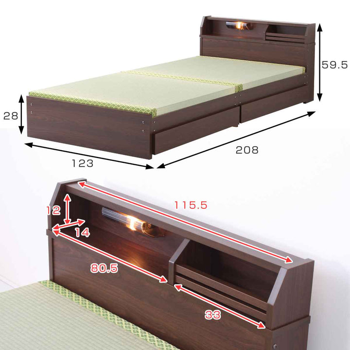 畳ベッドセミダブルロータイプ床面高28cm引出し2杯大容量収納宮棚付日本製