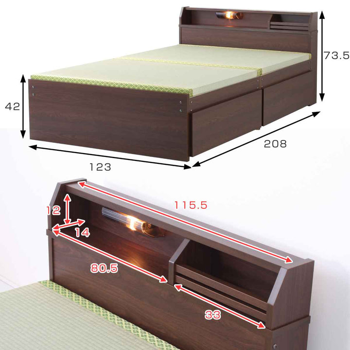 畳ベッドセミダブルハイタイプ床面高42cm引出し2杯大容量収納宮棚付日本製