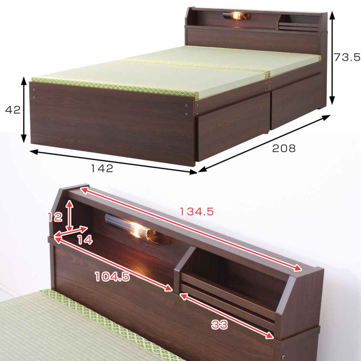 畳ベッドダブルハイタイプ床面高42cm引出し2杯大容量収納宮棚付日本製