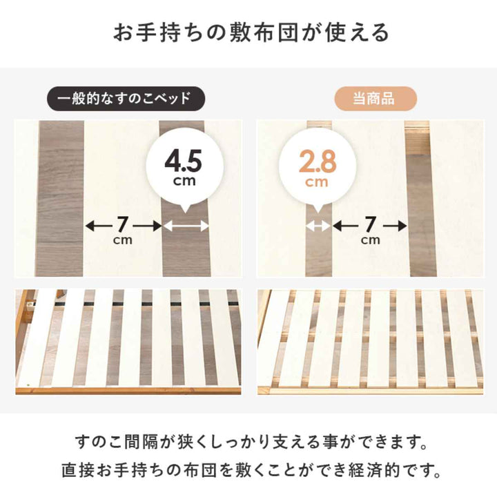 ベッドセミダブル高さ3段階調節宮棚2口コンセント付すのこ