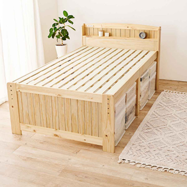 ベッドセミダブル高さ3段階調節宮棚2口コンセント付すのこ