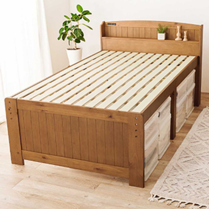 ベッドセミダブル高さ3段階調節宮棚2口コンセント付すのこ