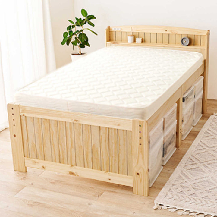 マットレス付ベッドセミダブルポケットコイル高さ3段階調節宮棚2口コンセント付すのこ