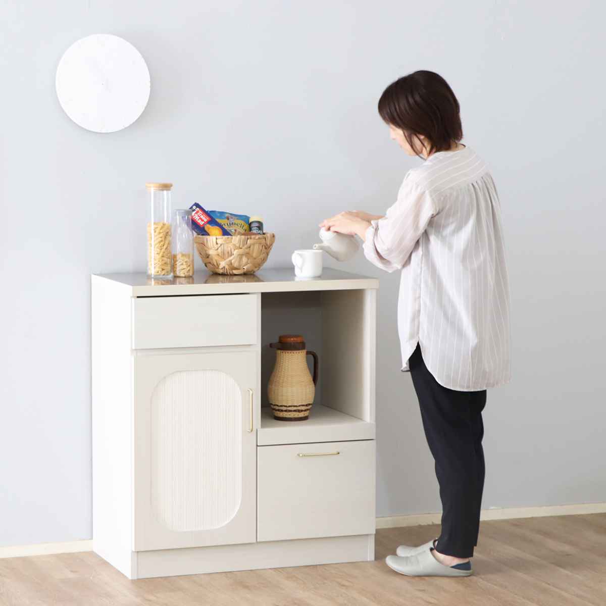 キッチンカウンター 北欧風 ミルキーホワイト ステンレス天板 幅80cm