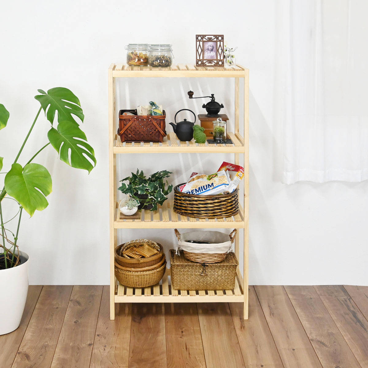 木製ラック 4段 ナチュラルウッド(未使用) Amazon｜天然 木製 ラック 【 4段 43×96×27cm】 棚 ナチュラル