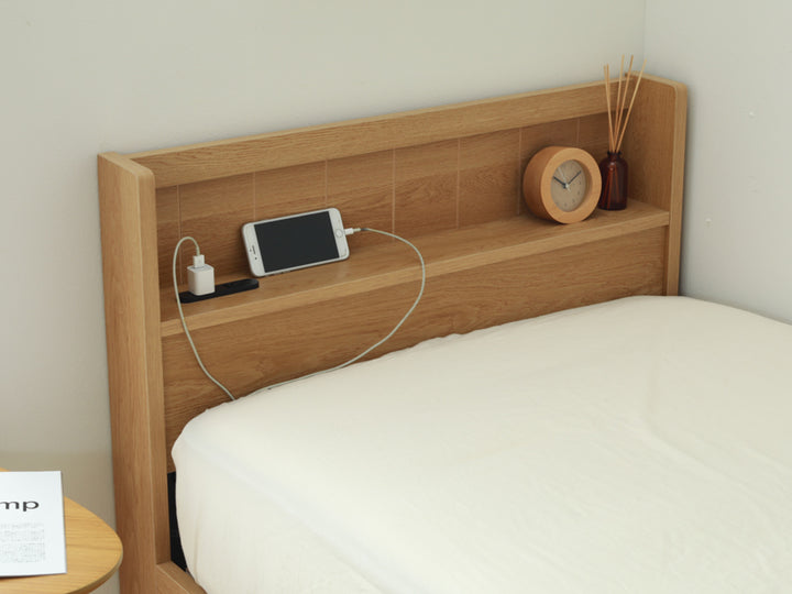 収納付きベッド小さめショートセミシングル81×192cm引出し2杯宮棚2口コンセント日本製