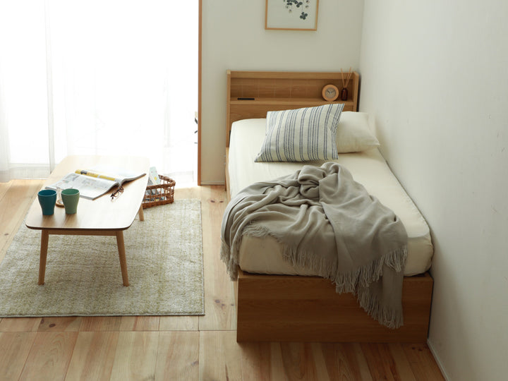 収納付きベッド小さめショートセミシングル81×192cm引出し2杯宮棚2口コンセント日本製