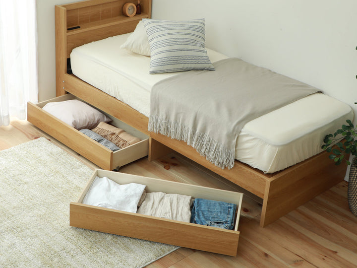 収納付きベッド小さめショートセミシングル81×192cm引出し2杯宮棚2口コンセント日本製