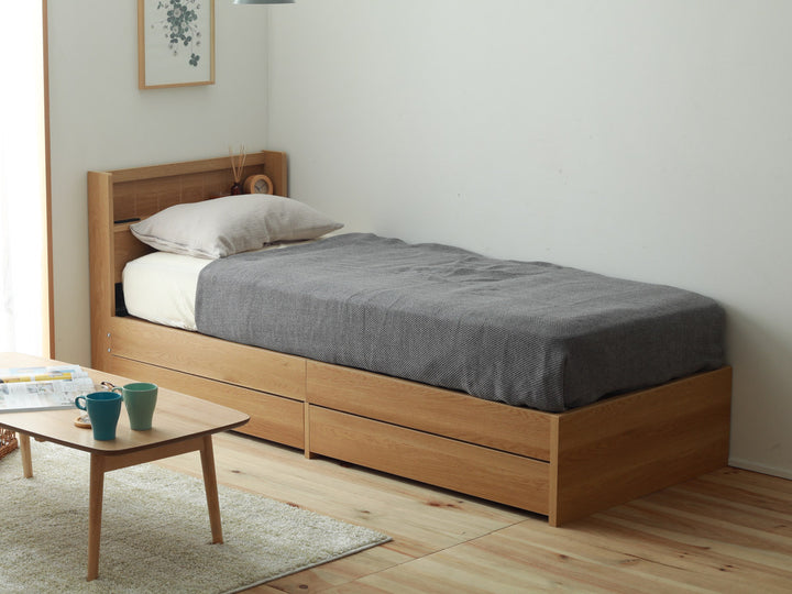 収納付きベッド小さめショートセミシングル81×192cm引出し2杯宮棚2口コンセント日本製