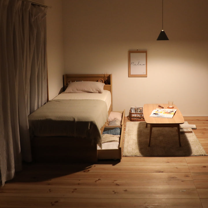 収納付きベッド小さめショートセミシングル81×192cm引出し2杯宮棚2口コンセント日本製