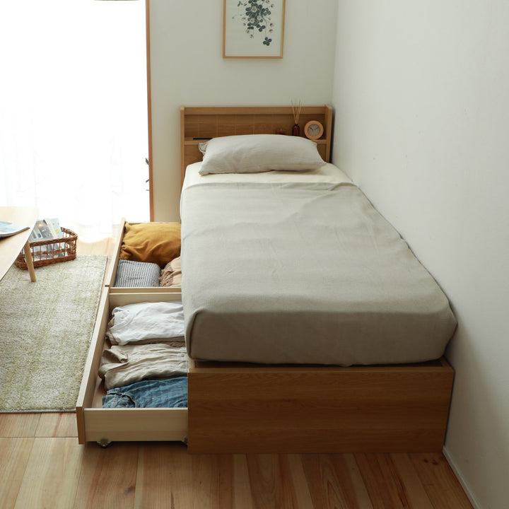 収納付きベッド小さめショートセミシングル81×192cm引出し2杯宮棚2口コンセント日本製