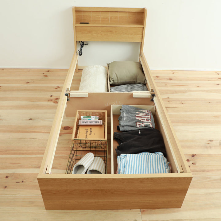 収納付きベッド小さめショートセミシングル81×192cm引出し2杯宮棚2口コンセント日本製