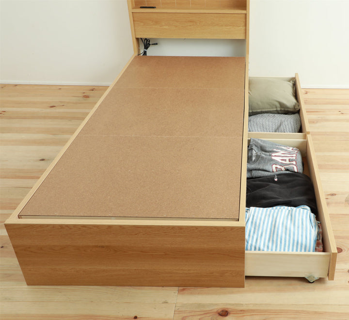 収納付きベッド小さめショートシングル101×192cm引出し2杯宮棚2口コンセント日本製