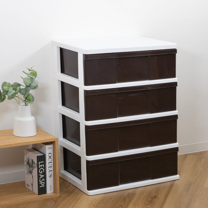 収納ケースワイド収納ケース4段引き出しブラウンキャスター付き