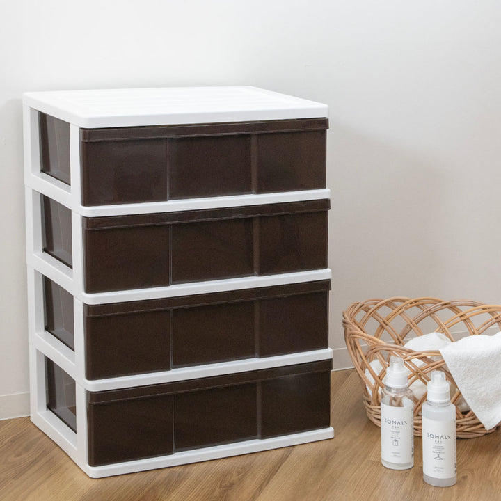 収納ケースワイド収納ケース4段引き出しブラウンキャスター付き