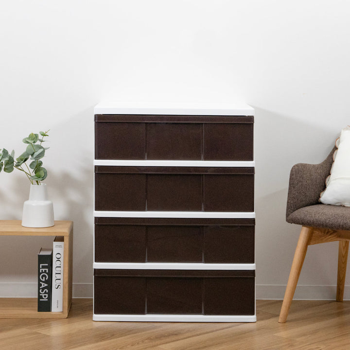 収納ケースワイド収納ケース4段引き出しブラウンキャスター付き