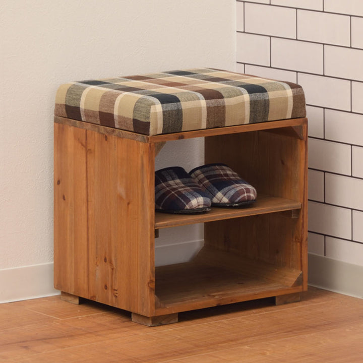 スツール木製収納付ラックスツールタータンチェック