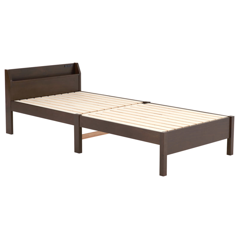 【ダークブラウン　シングル】 便利な宮棚付きのロングベッド <フレームのみ> ダークブラウン シングル】 便利な宮棚付きのロングベッド <フレームのみ>