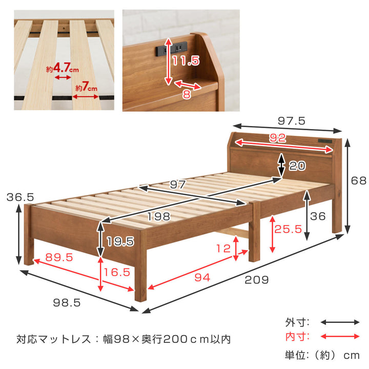 3分組立ベッドシングルボンネルコイルマットレスセットベッドボード2口コンセント付工具不要