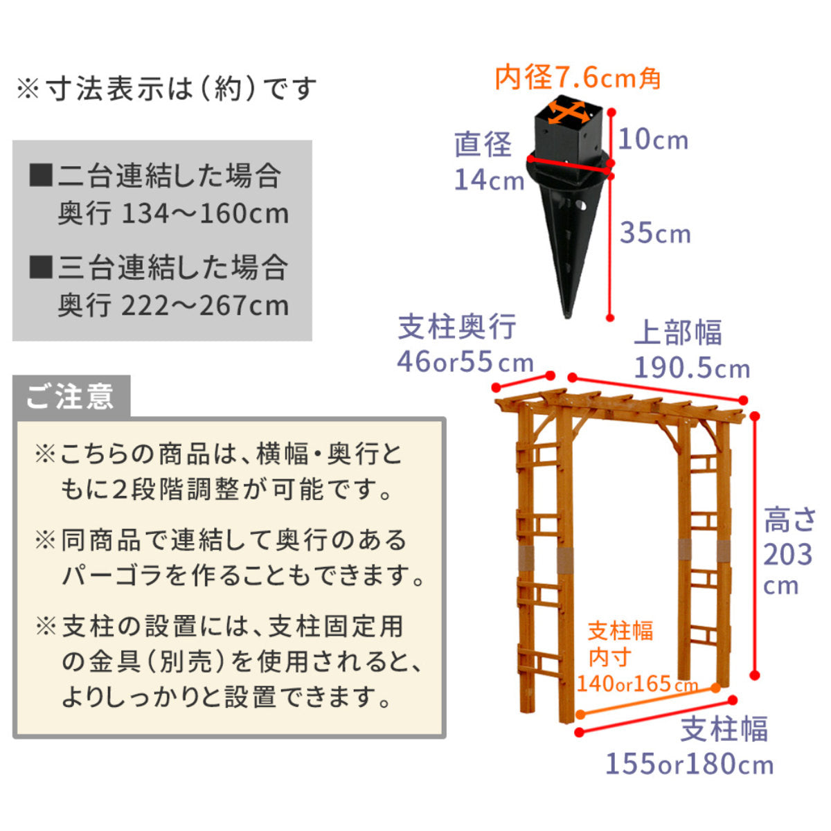 アーチ 天然木製フレックスパーゴラアーチ 幅190cm 埋め込み金具セット