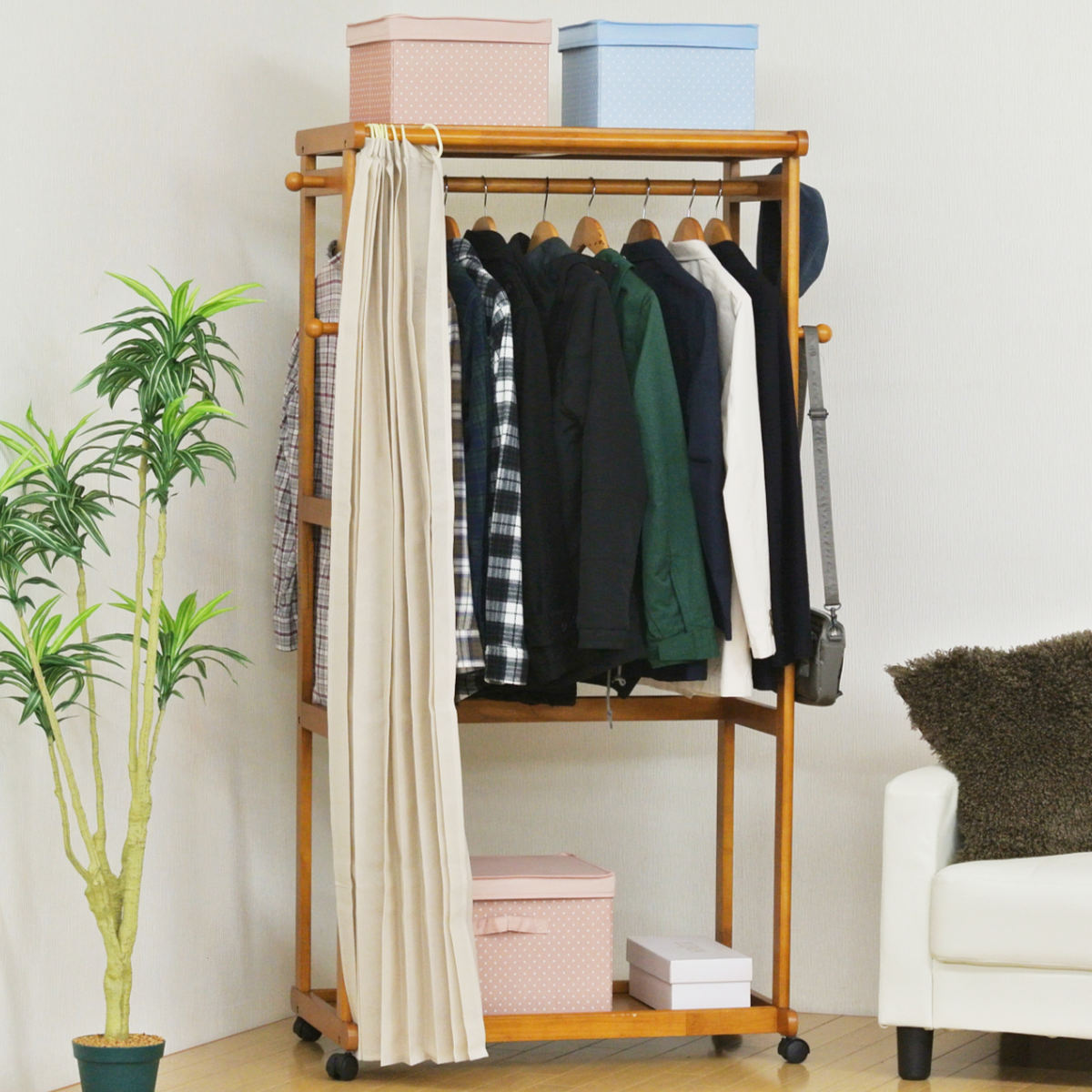 ハンガーラック カーテン付 幅92cm キャスター付 木製 – ハウジー