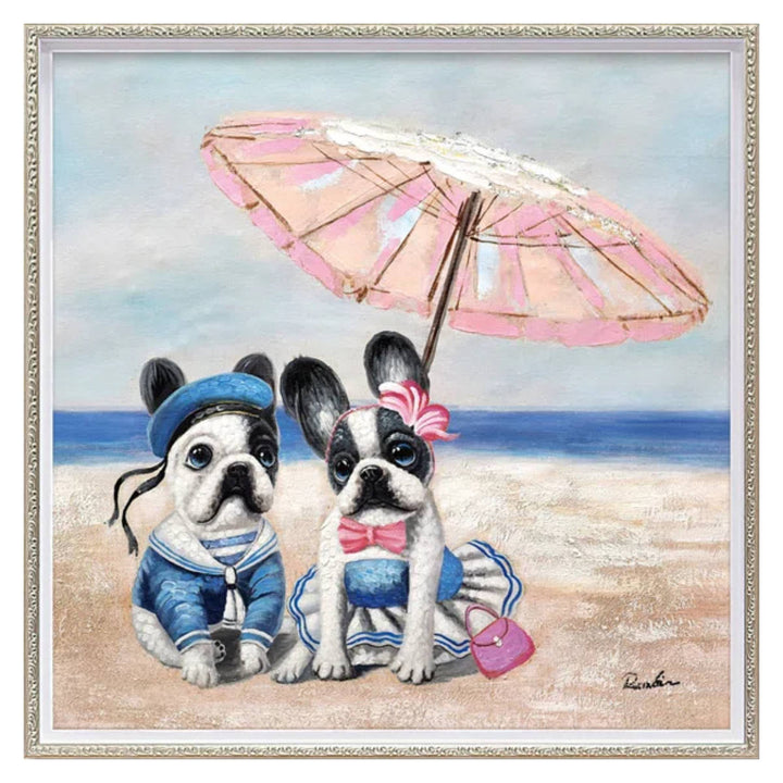 アートパネルオイルペイントアート『ビーチパラソルドッグ』63×63cm