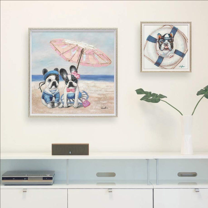 アートパネルオイルペイントアート『ビーチパラソルドッグ』63×63cm