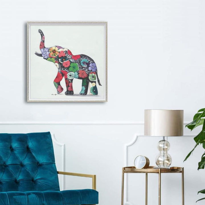 アートパネルオイルペイントアート『フラワーエレファント』63×63cm