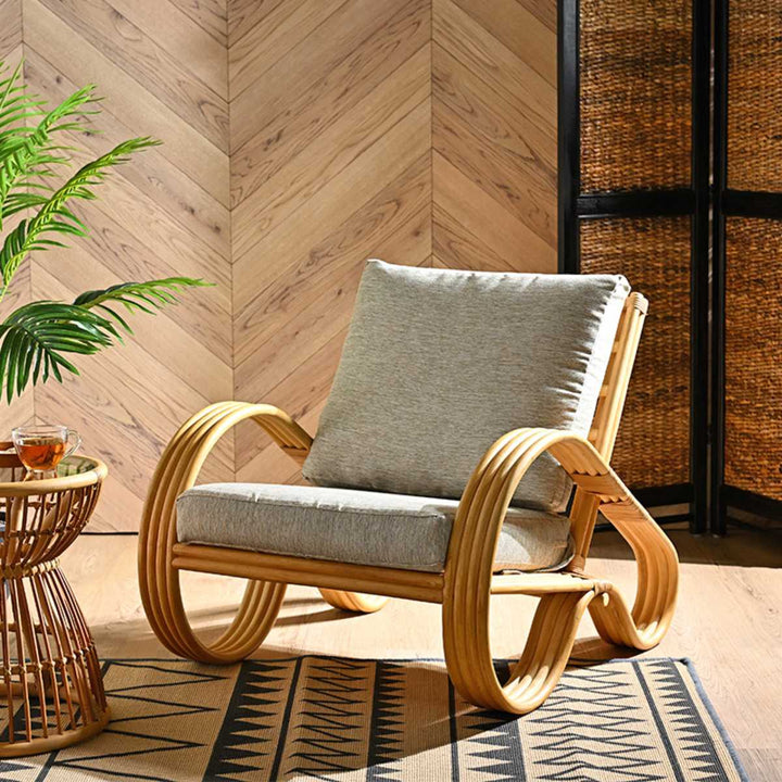 一人掛けチェアラタン座面高33cmクッション付天然木OHANA