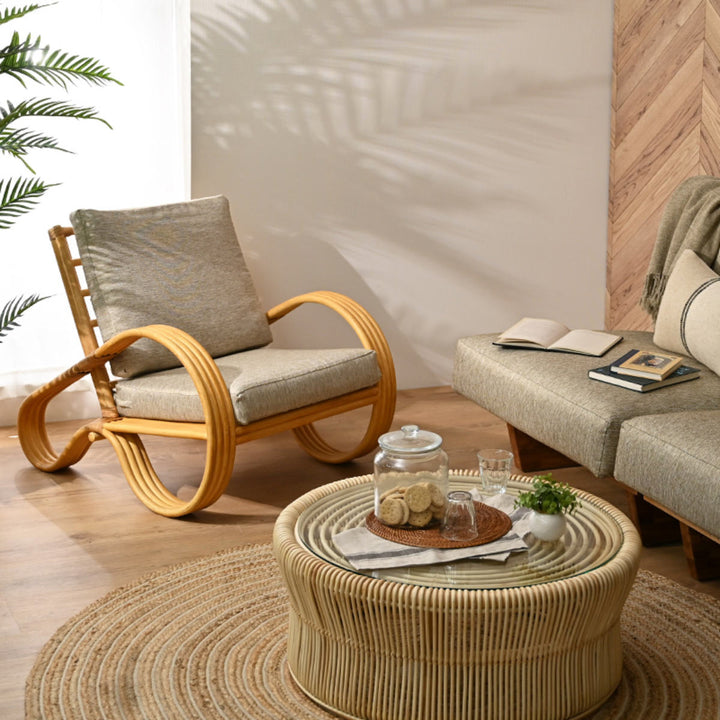 一人掛けチェアラタン座面高33cmクッション付天然木OHANA