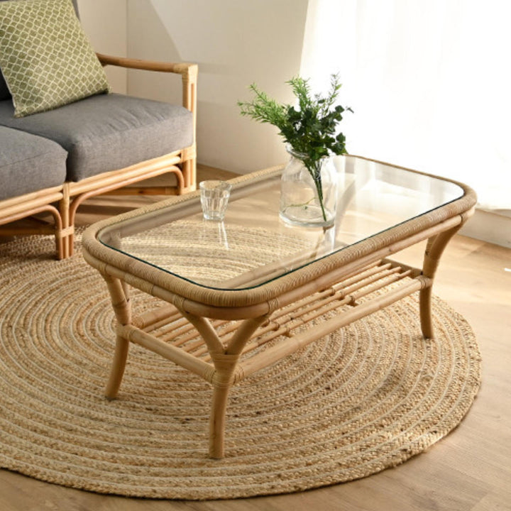 センターテーブルラタン幅100cmガラス天板完成品Breeze