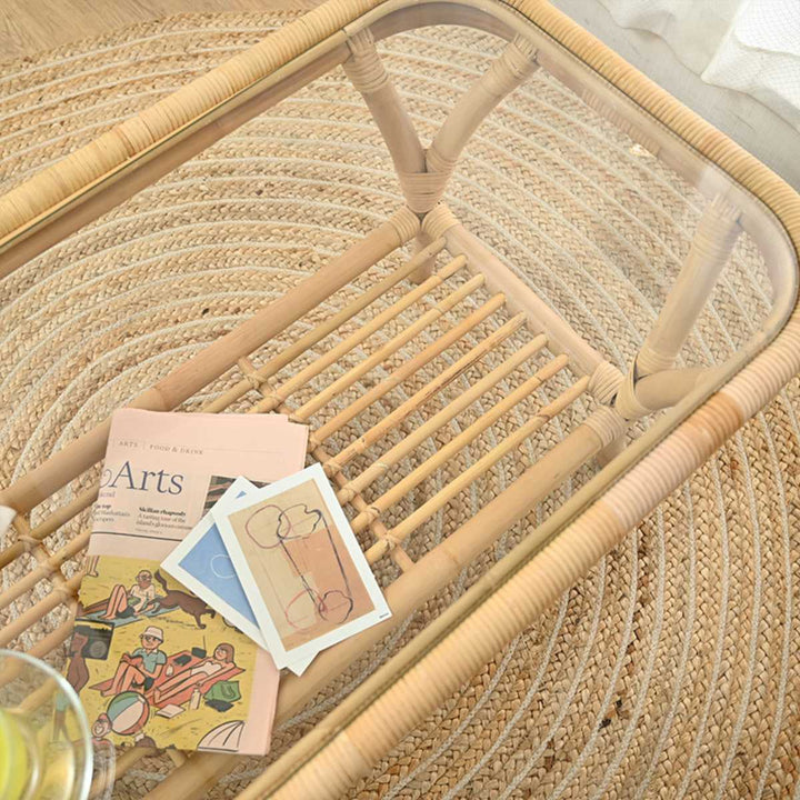 センターテーブルラタン幅100cmガラス天板完成品Breeze