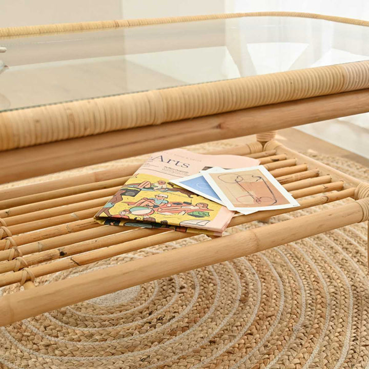 センターテーブルラタン幅100cmガラス天板完成品Breeze