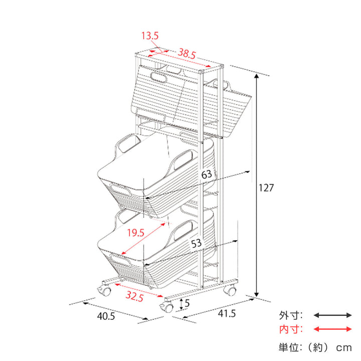 ランドリーバスケット3段スイング式バスケットラック