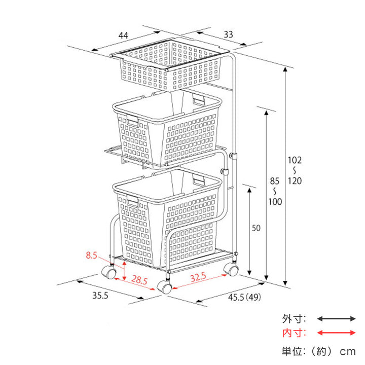 ランドリーワゴン3段スリムキャスター付き