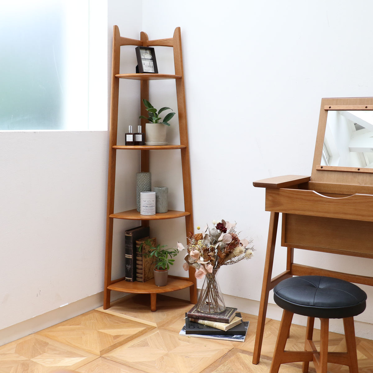 木目調の五段コーナーラック コーナーラック 幅35cm 4段 天然木 OAKER （ シェルフ 棚 コーナー