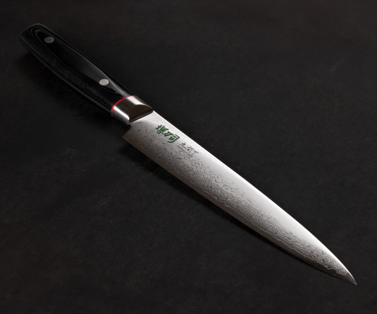 筋引包丁 21cm 九間丁 ダマスカス鋼割込 黒マイカルタ 堺刀司 日本製