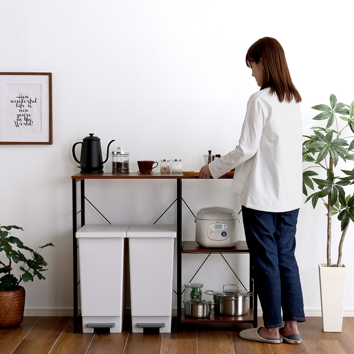 キッチンカウンター 幅100cm スライド棚 高耐荷重 ゴミ箱上ラック