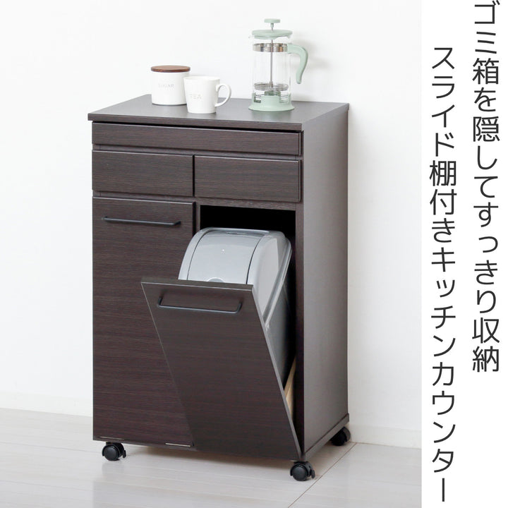 キッチンカウンター 幅55cm ゴミ箱2個付き スライド棚 背面化粧 完成品 