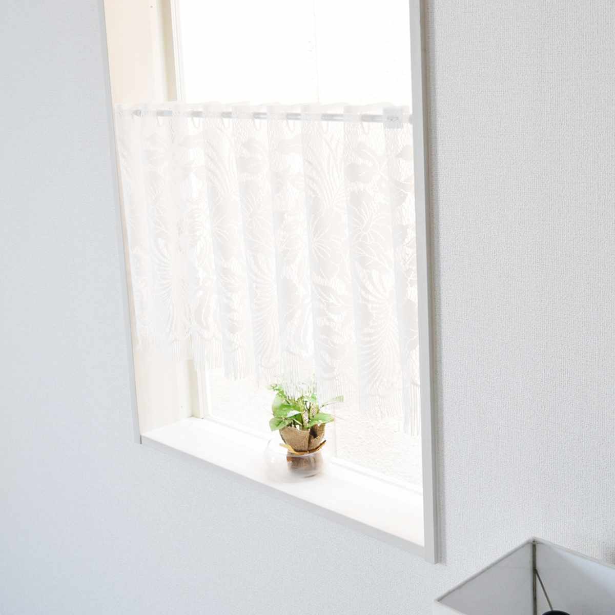 レースカーテン カフェカーテン ボタニカル柄 145×45cm フリンジ付き