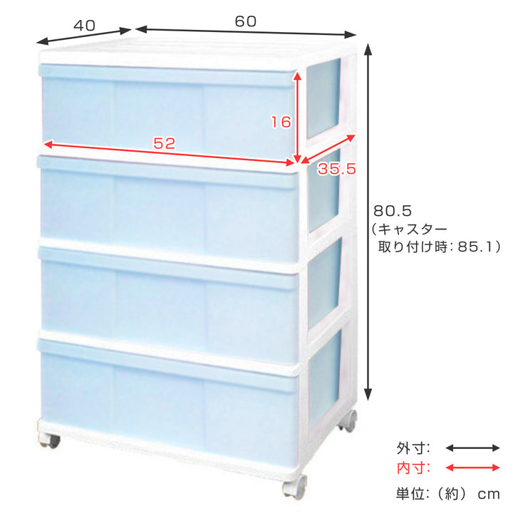 チェストワイド収納ケース4段キャスター付きパステルカラー幅60×奥行40×高さ80.5cm