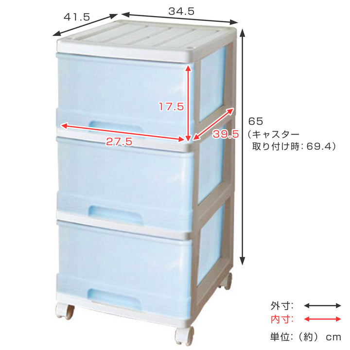 チェスト深型収納ケース3段キャスター付きパステルカラー幅34.5×奥行41.5×高さ65cm