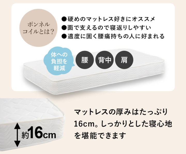 ベッドボンネルマットレス付きセミダブル宮棚2口コンセント敷き布団OK