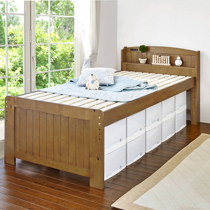 ベッドボンネルマットレス付きセミダブル宮棚2口コンセント敷き布団OK