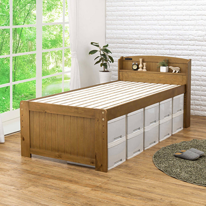 ベッドボンネルマットレス付きセミダブル宮棚2口コンセント敷き布団OK