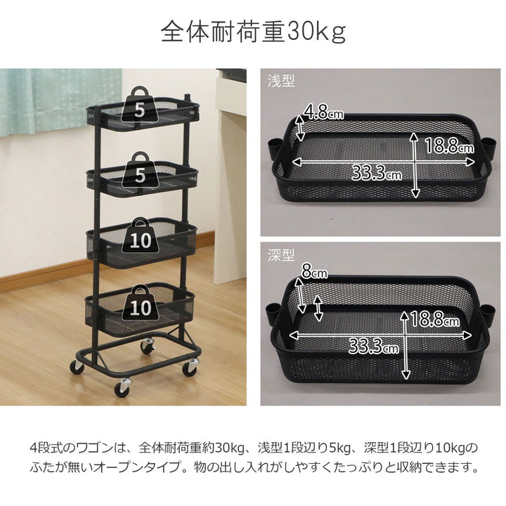 スリムワゴン幅31.5cm4段メッシュタイプキャスター付き