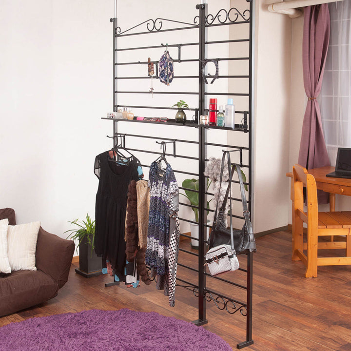 突っ張りラダーラック幅40cmフック3個棚板1枚付きカールデザイン