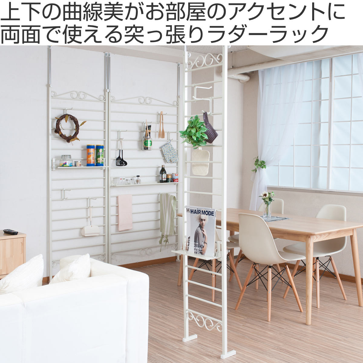 突っ張り ラダーラック 幅65cm フック4個 棚板1枚付き カールデザイン