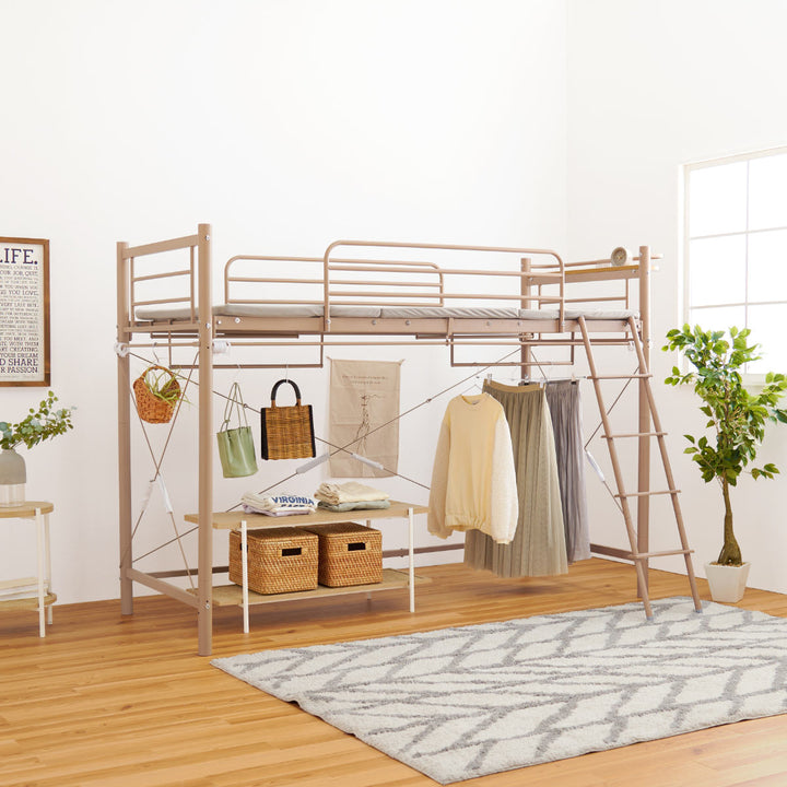 ロフトベッドシングルミドルタイプカーテン取付可能2口コンセント付2WAY