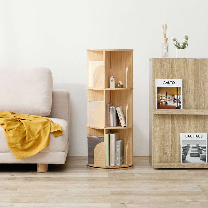 回転式コミックラック3段幅39cm108冊収納天然木簡単組立